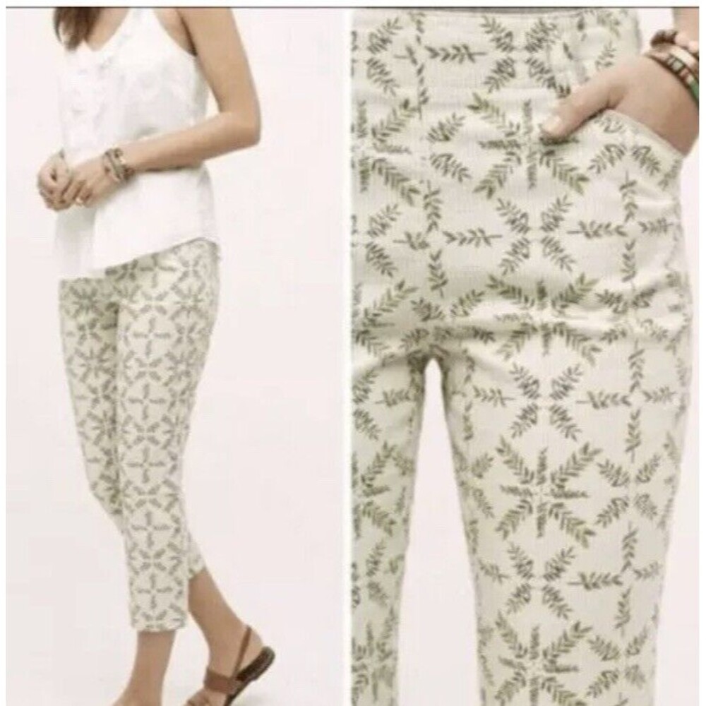 Cartonnier Anthropologie Womens 4 Beige Green Leaf Charlie Trouser Medallion - Picture 1 of 13